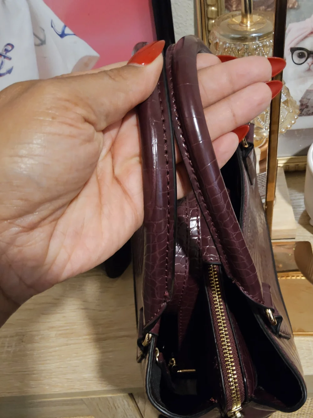 ALDO Women's Croc-Embossed Satchel/Crossbody Bag in Deep Burgundy - Picture 8 of 8
